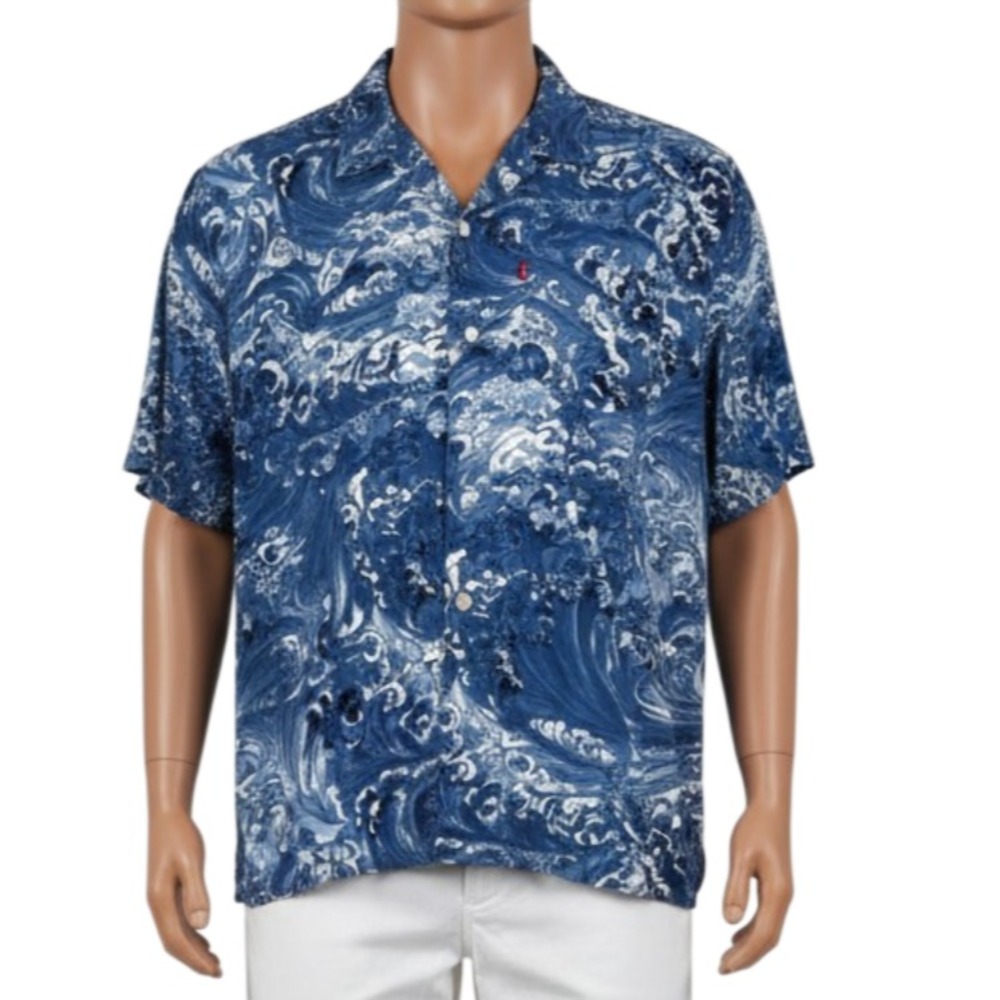 Levis Camp Shirt Mens XXL Relaxed Blue Japanese Wave Print Viscose Button Up